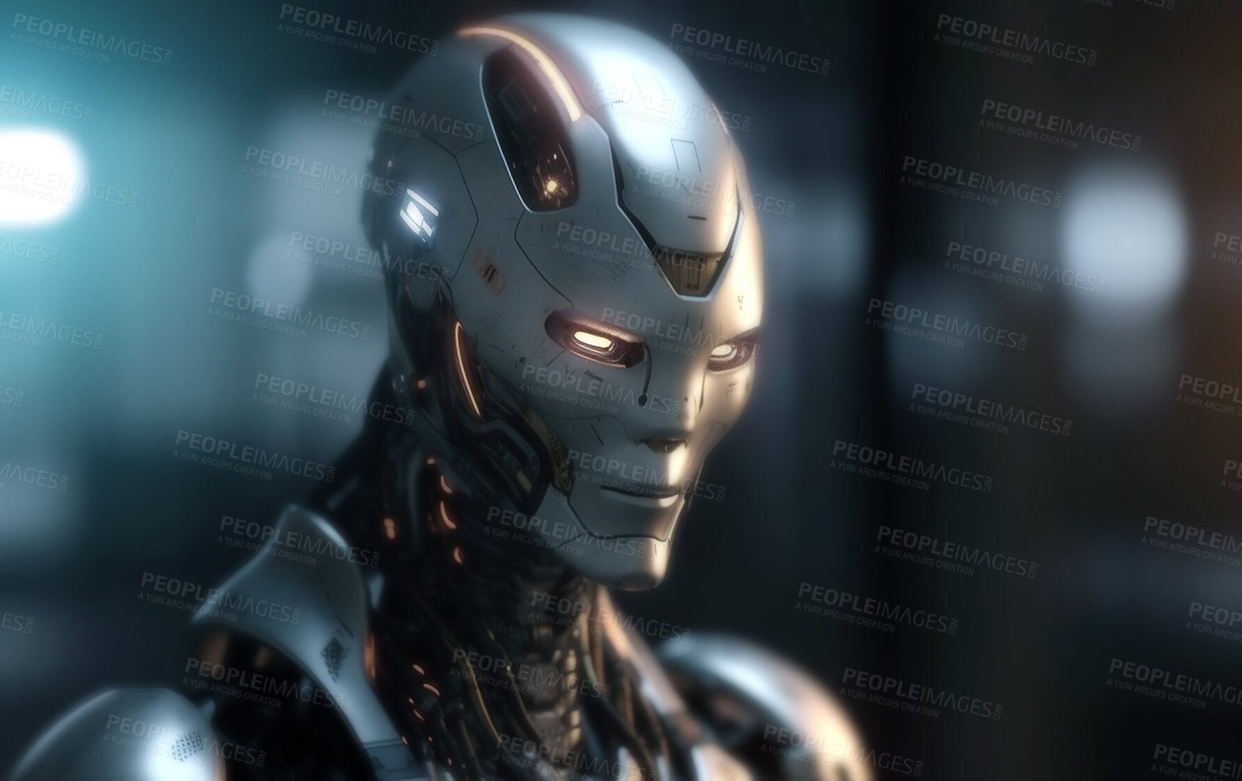 Buy stock photo Closeup, metal and robot machine for war, fight and sci fi military machinery. Ai generated, bot or scifi marine for infantry attack, fantasy and robotics head for automated combat cyborg and soldier