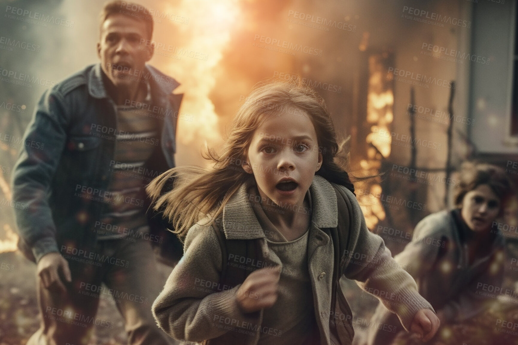 Buy stock photo Running, father and children with house on fire for explosion, catastrophe and apocalypse. Ai generated, terror and burning with people and escape from family home for fear, danger and armageddon