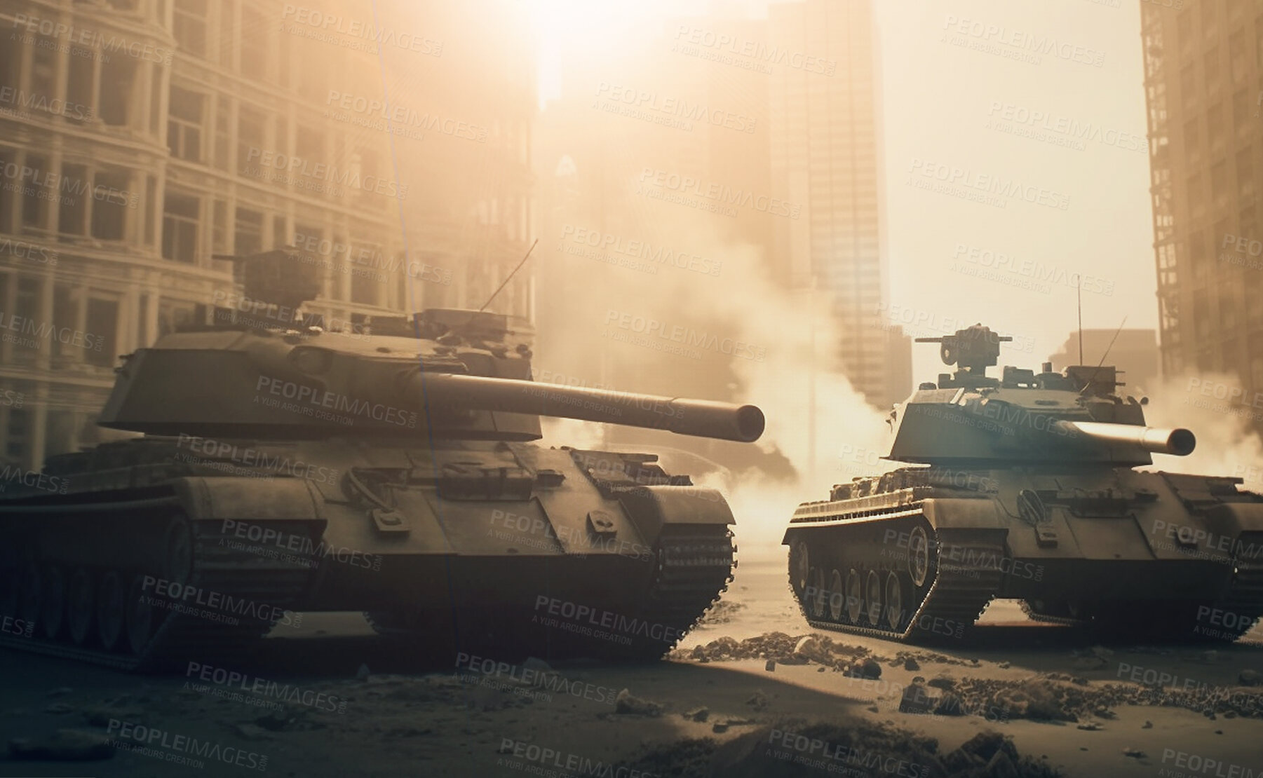 Buy stock photo War, army and military with tank in city for danger, disaster battlefield and fight. Ai generated, explosion and bomb action with vehicle on mission for camouflage, apocalypse and marine service