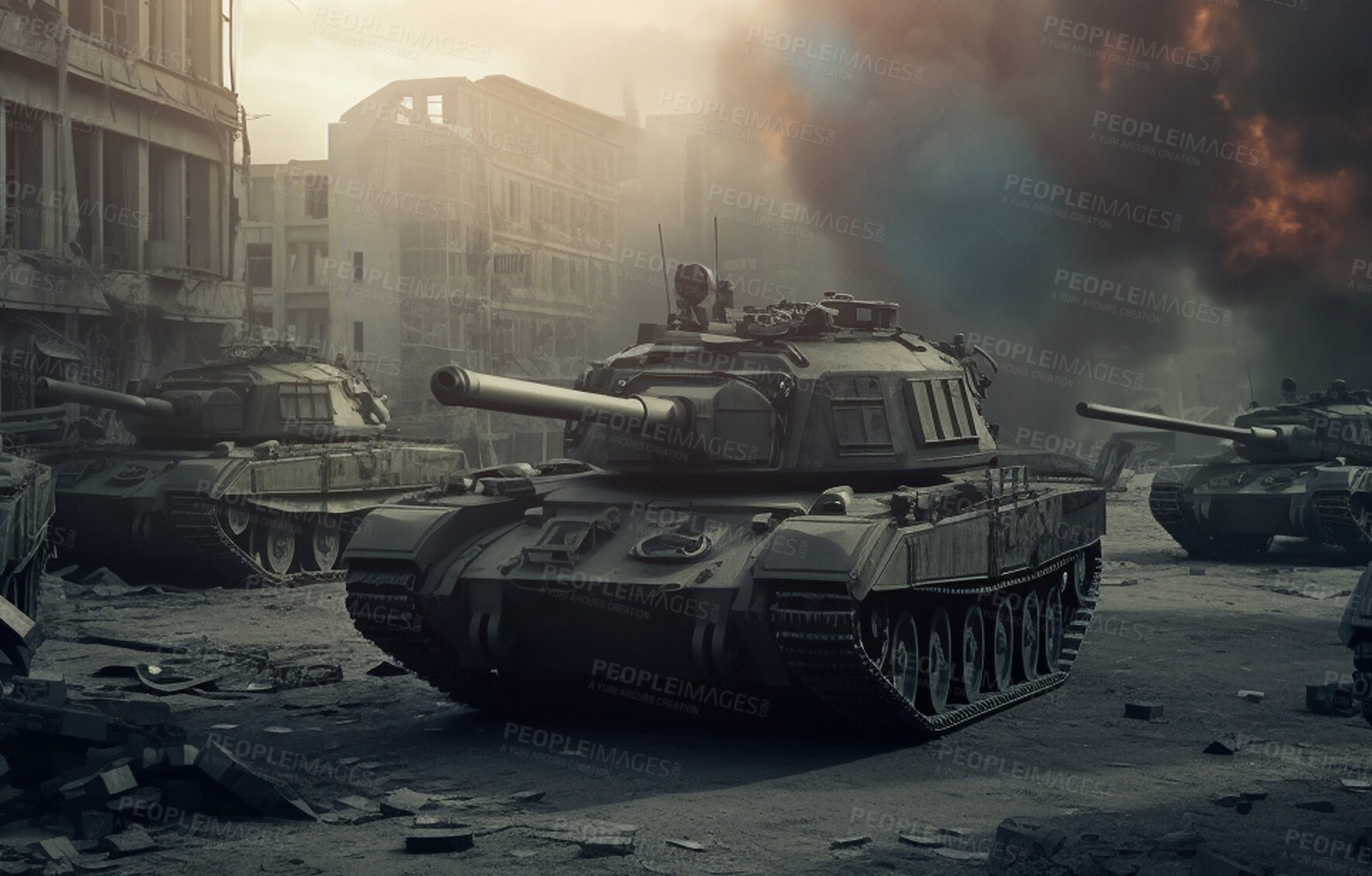 Buy stock photo Battlefield, fight and military with tank in war for danger, disaster and army. Ai generated, explosion and bomb action with weapons vehicle on mission for camouflage, apocalypse and marine service