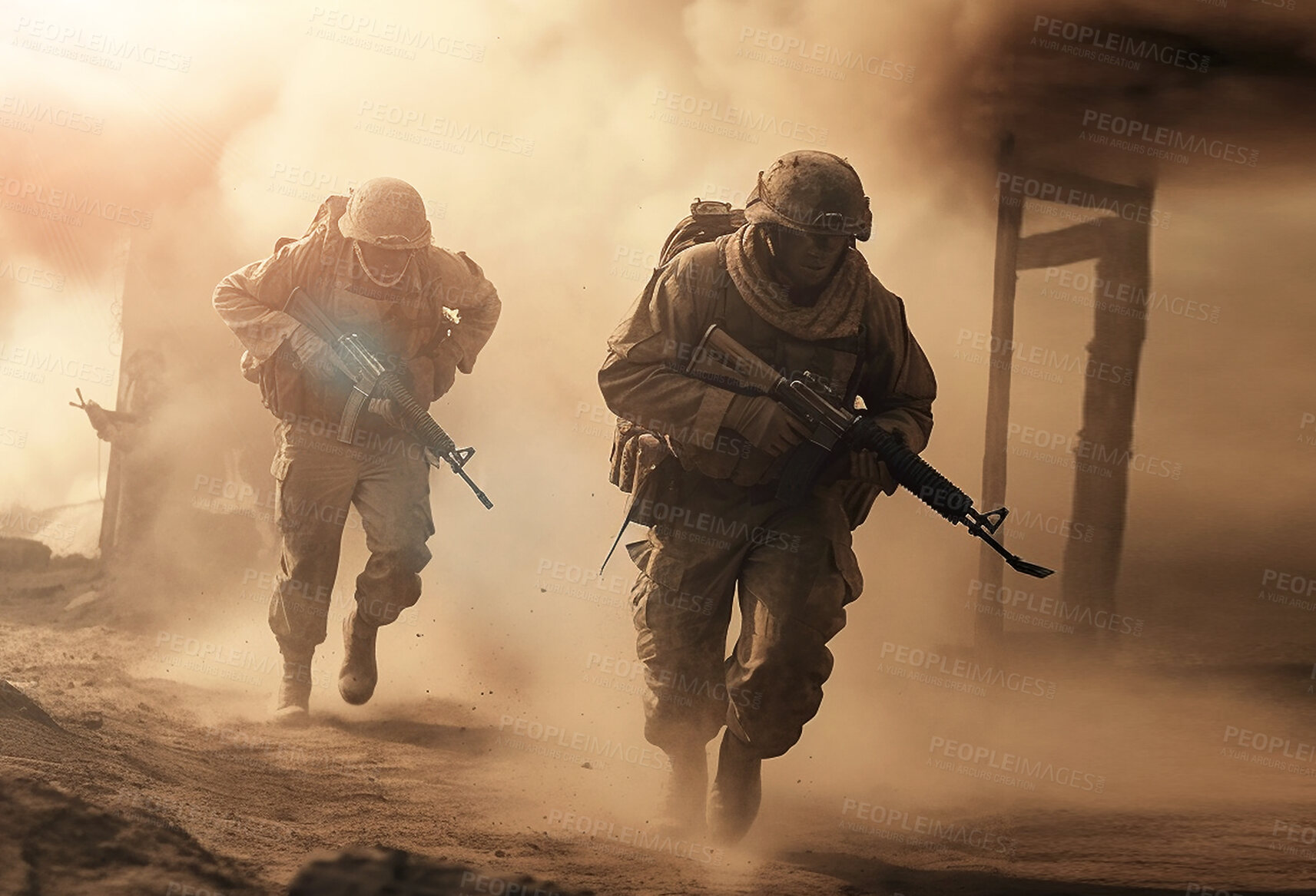 Buy stock photo Running, army and military with people at war for danger, disaster and action. Ai generated, fight and fire with soldiers on mission in battlefield for camouflage, apocalypse and marine service