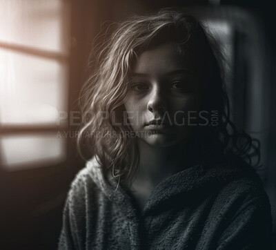 Children, face and sad kid in house living room, orphanage and home with depression, anxiety and neglect. Ai generated portrait, girl and little child in lounge with stress, lonely and autism