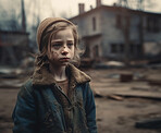 Child, poor and sad kid in city stress with depression, anxiety and neglect after war fight. Ai generated, orphan and little girl on urban road and thinking with poverty, lonely and homeless