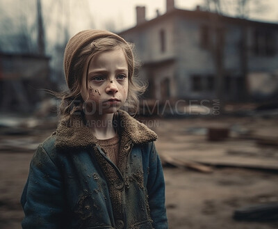 Child, poor and sad kid in city stress with depression, anxiety and neglect after war fight. Ai generated, orphan and little girl on urban road and thinking with poverty, lonely and homeless