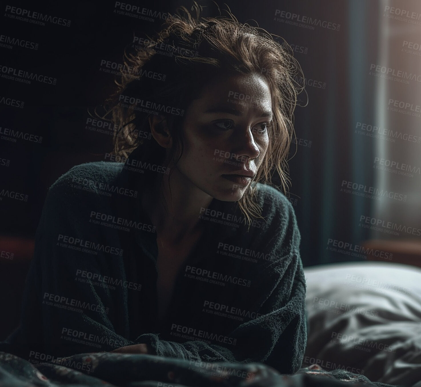 Buy stock photo Woman, thinking and sad in house bedroom, apartment and home in depression, anxiety and lonely. Ai generated, girl and female person on bed with future vision, planning or stress in social distancing