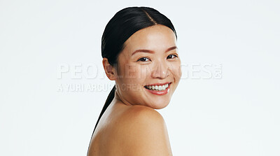 Asian woman, skincare and face of beauty, smile and laser transformation on studio white background. Happy model, portrait and aesthetic wellness for salon cosmetics, healthy shine and dermatology