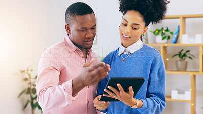 Buy stock photo Tablet, discussion and business people in the office doing research in collaboration for creative project. Digital technology, teamwork and professional designers working together in modern workplace