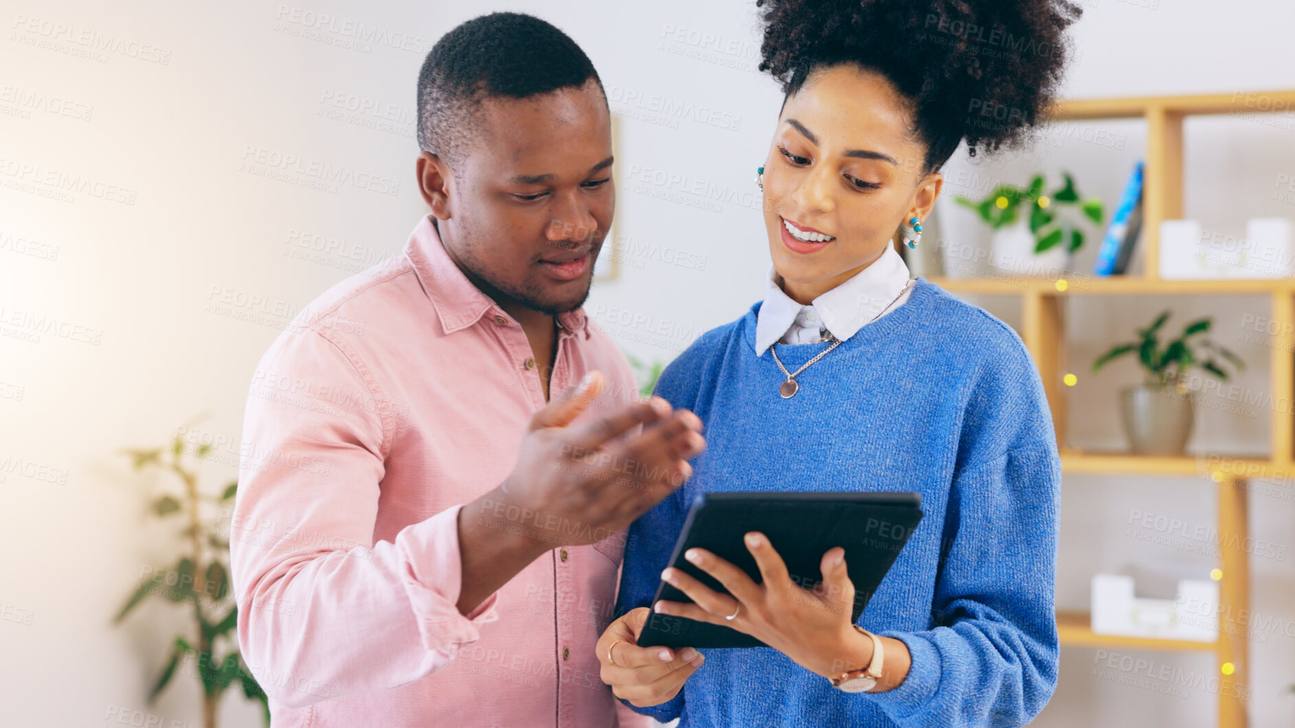 Buy stock photo Tablet, discussion and business people in the office doing research in collaboration for creative project. Digital technology, teamwork and professional designers working together in modern workplace