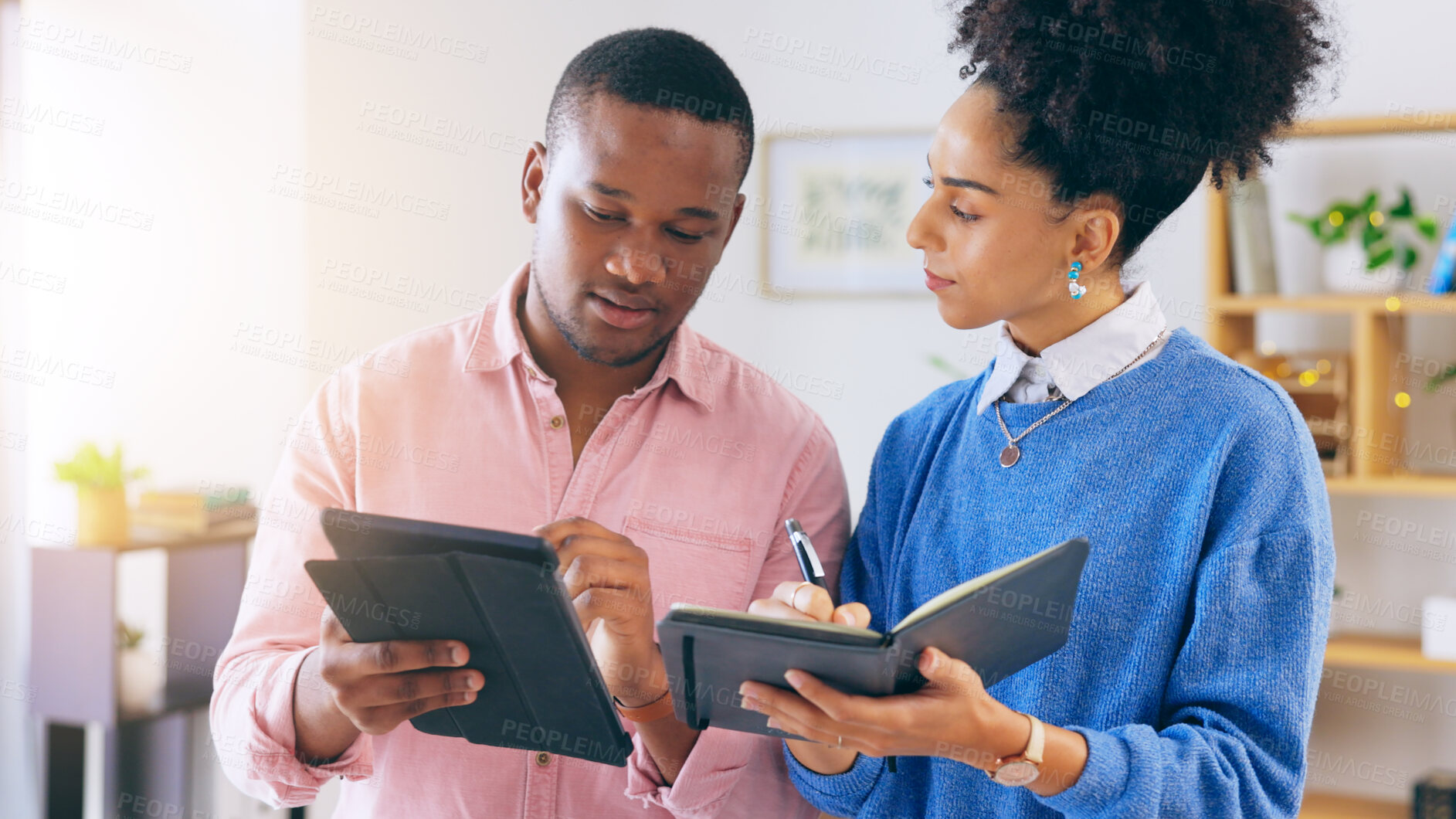 Buy stock photo Tablet, notebook and business people in discussion in office for work in collaboration on creative project. Digital technology, teamwork and professional designers doing research in modern workplace.