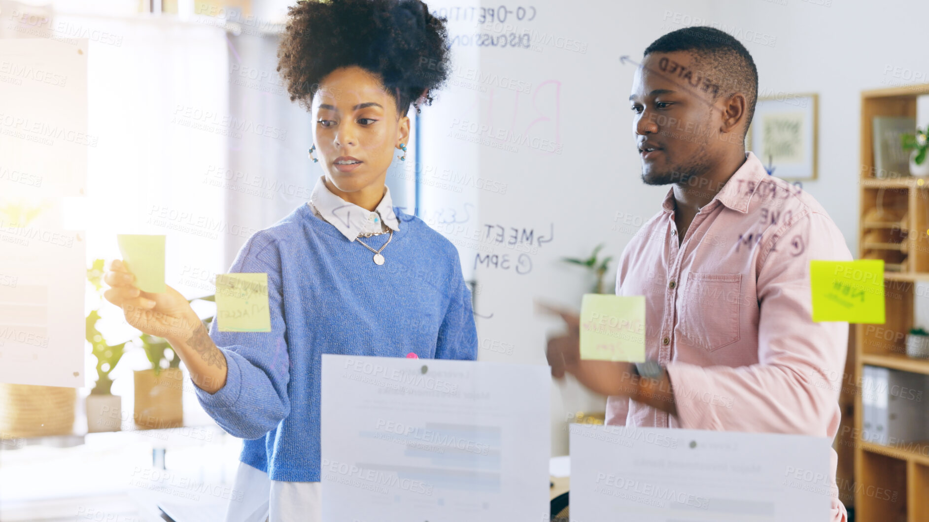 Buy stock photo Planning, board and business people in the office in collaboration on a creative project. Brainstorming, sticky notes and team of professional designers working with research in modern workplace.