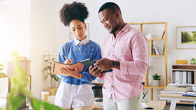 Buy stock photo Tablet, notebook and business people in the office planning with research in collaboration for creative project. Digital technology, teamwork and professional designers working together in workplace.