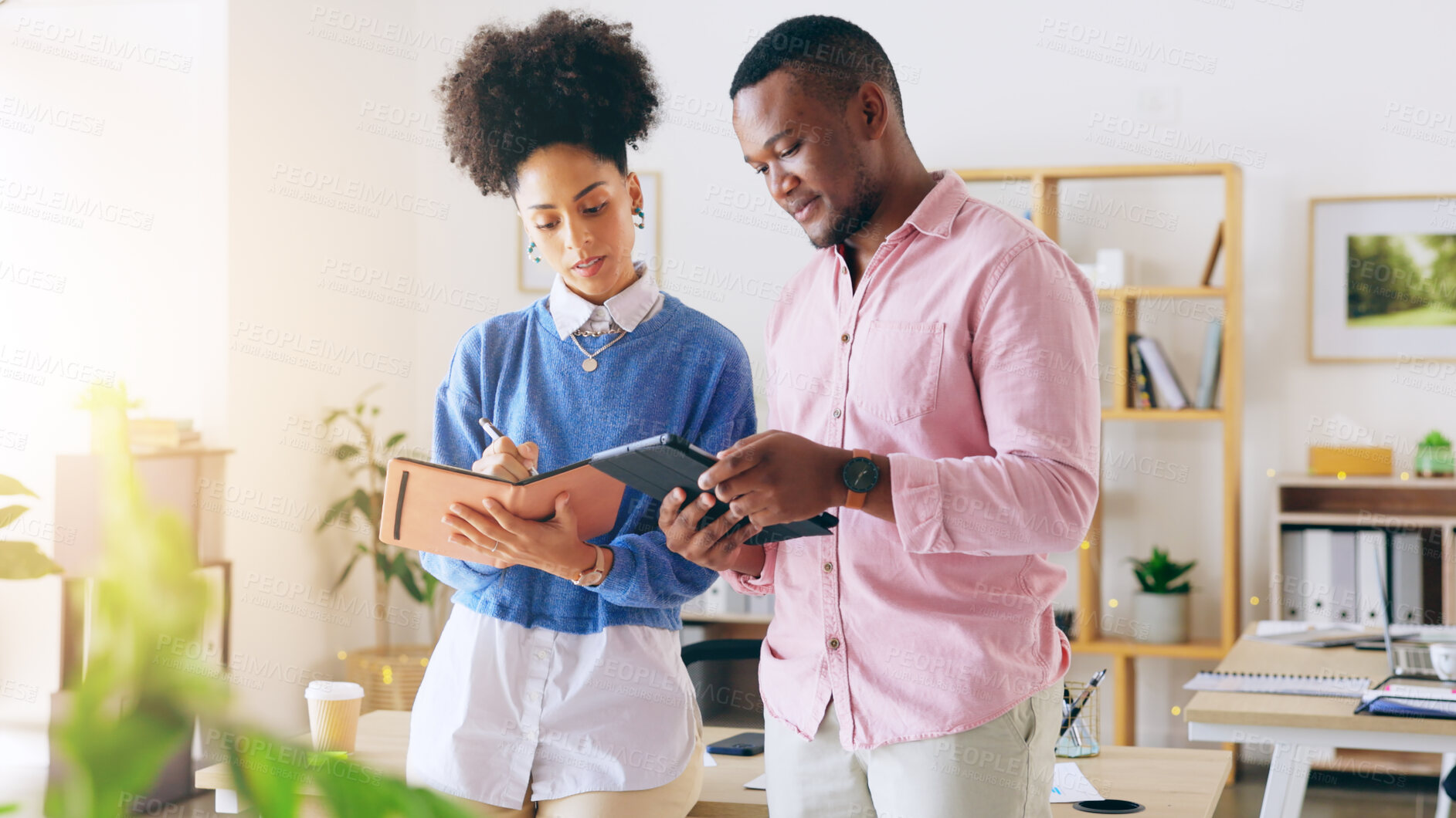 Buy stock photo Tablet, notebook and business people in the office planning with research in collaboration for creative project. Digital technology, teamwork and professional designers working together in workplace.