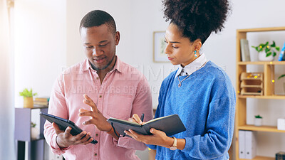 Buy stock photo Tablet, notebook and business people doing research in the office in collaboration for creative project. Digital technology, teamwork and professional designers working together in modern workplace.