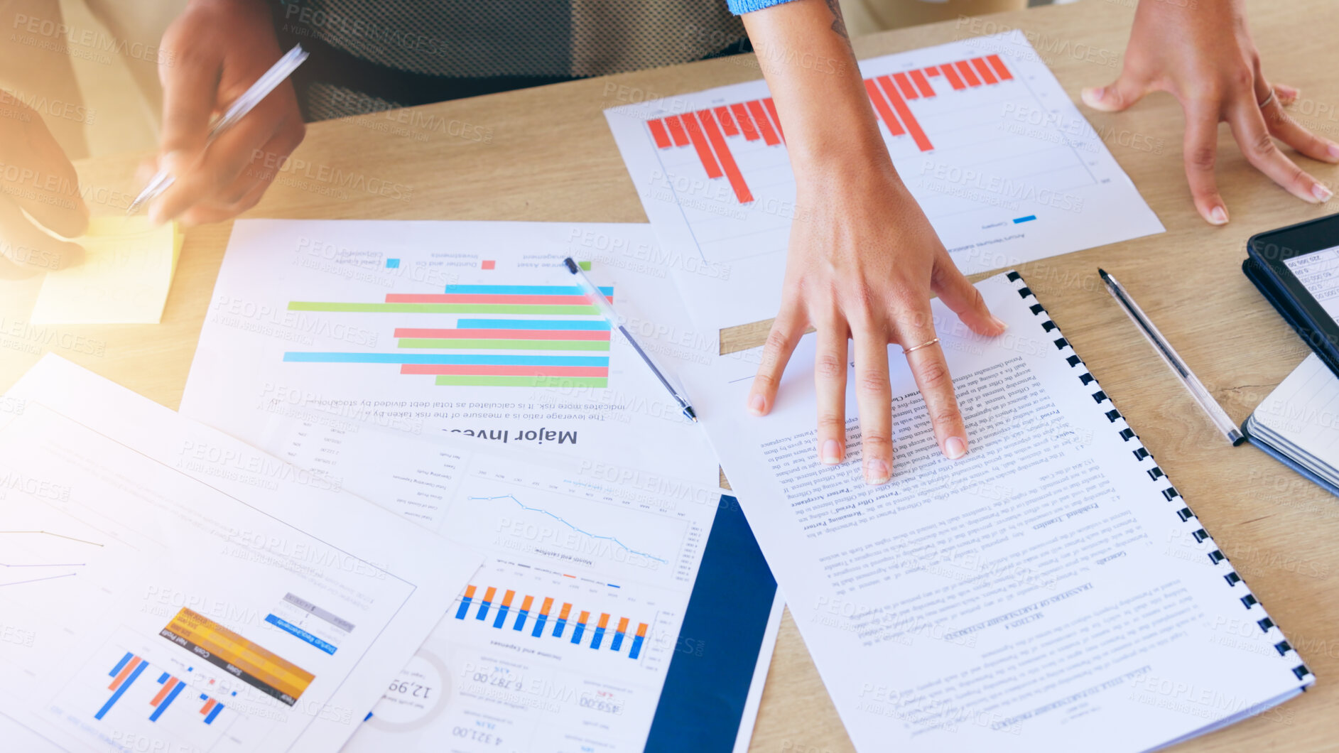 Buy stock photo Finance analytics, portfolio and paperwork with hands of business person and infographic. Table, teamwork and information of company with graphs, statistics and collaboration of employee planning