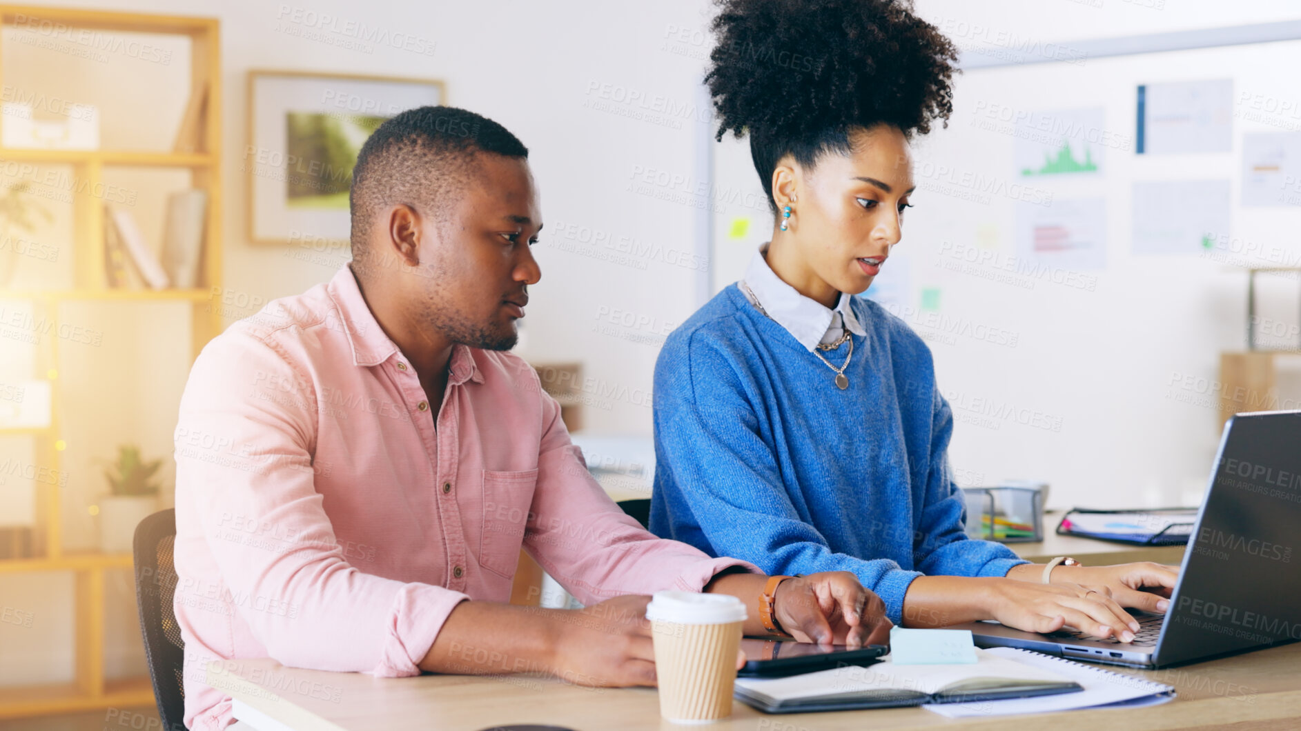 Buy stock photo Laptop, teamwork and professional woman reading online customer experience, social network review or project report. Collaboration, computer and business team cooperation on media app development 