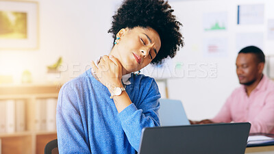 Buy stock photo Neck pain, business woman and coworking with anxiety, burnout and stress in a office. Worker, injury and inflammation with tired female professional at a workplace with muscle strain from work