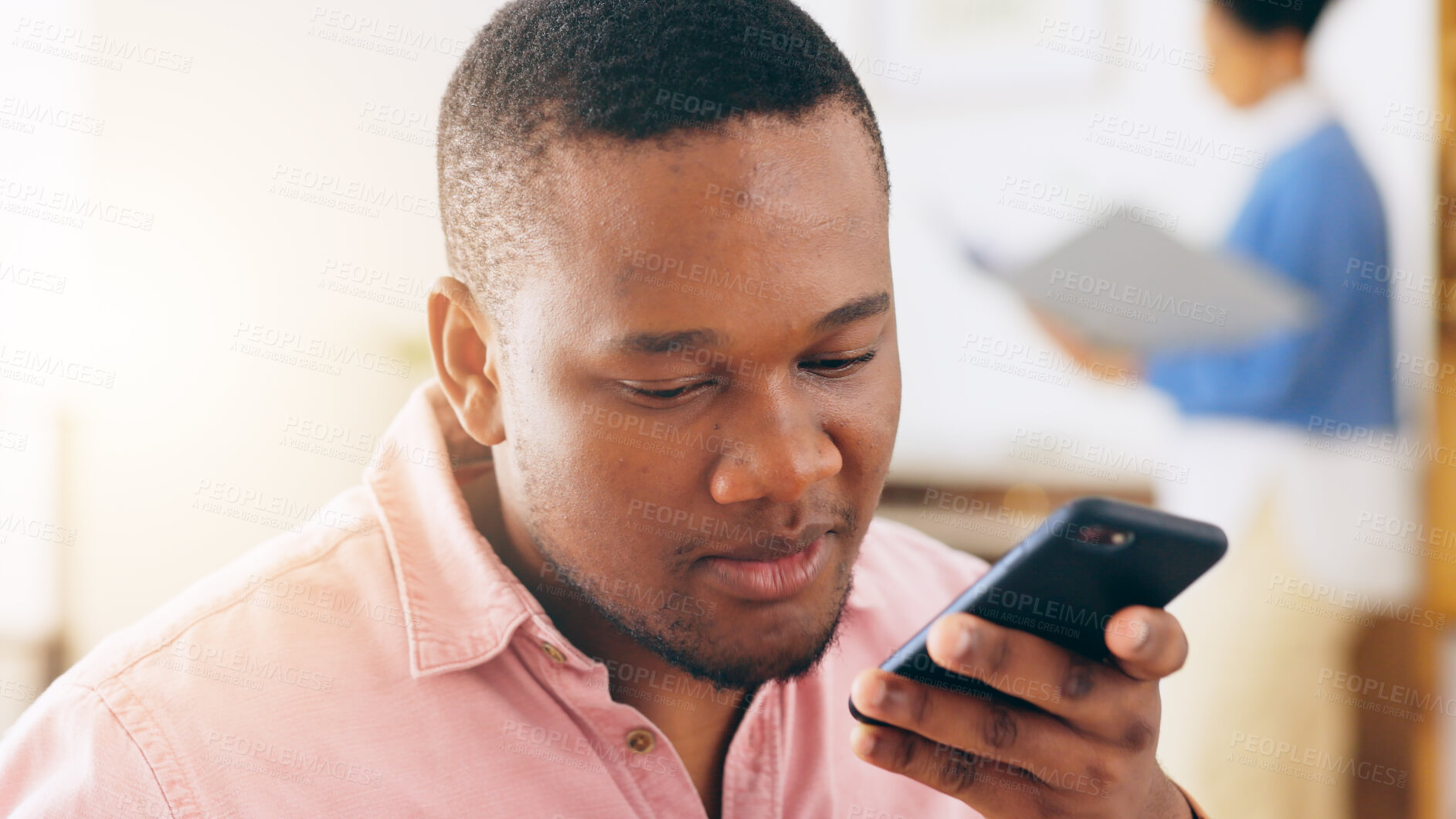 Buy stock photo Voice message, phone and black man recording on mobile app for communication, connection and networking online. Call, office and businessman in a company planning on loudspeaker or speaking on audio