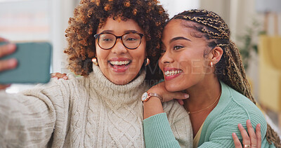 Woman, friends and smile with peace sign for selfie, vlog or profile picture with facial expression on living room sofa at home. Happy women smiling for photo, memory or social media post on couch