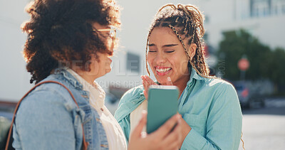 5g technology, cellphone and smile of happy girls with mobile for comic meme, comedy or joke on internet. Friends, women laughing and phone in city for social media, funny message or online humor.