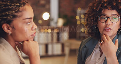 Buy stock photo Planning, collaboration and business women in discussion for teamwork on startup project or research together. Office, night and professional employee team working on strategy or talking in company