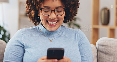 Happy, phone and relax with woman on sofa for social media, internet and text message. Funny, smile and technology with female in living room at home for communication, connection and digital app