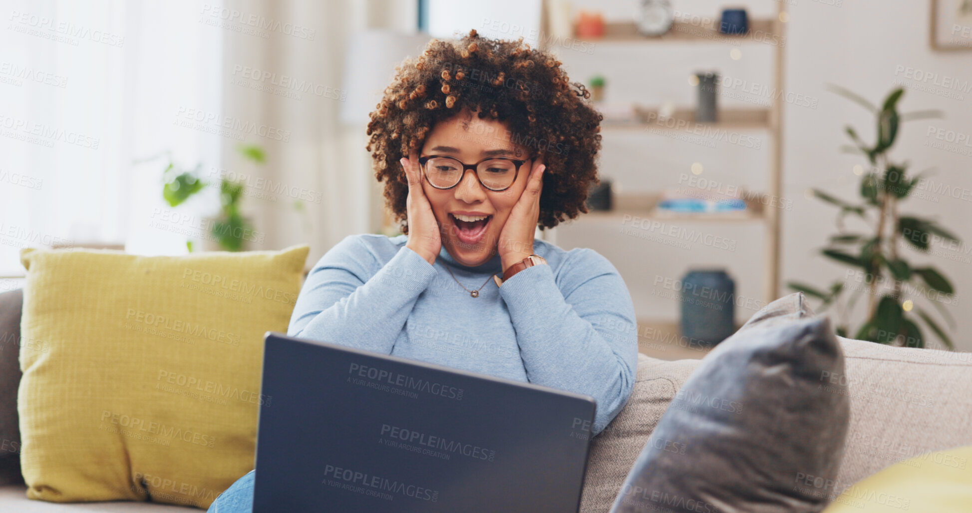 Buy stock photo Woman, laptop and wow from winning, digital prize with news in competition or reward with success at home. Winner, email announcement with celebration, bonus and female person cheers on a sofa