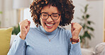 Happy woman with laptop, fist pump and yes to win, winning prize in competition or reward with success at home. Winner, email announcement with celebration, bonus and female cheers for achievement