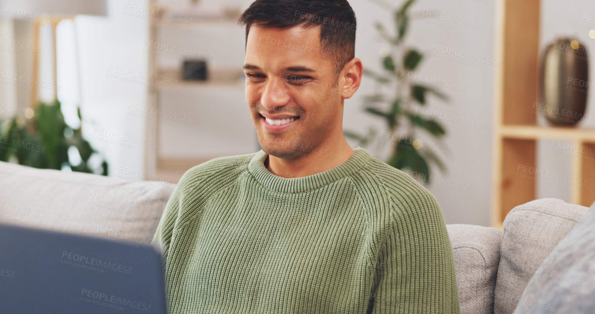 Buy stock photo Happy, remote work and man on sofa with laptop for working from home, freelance job and career. Business, startup and person on computer for typing email, planning and internet research on website