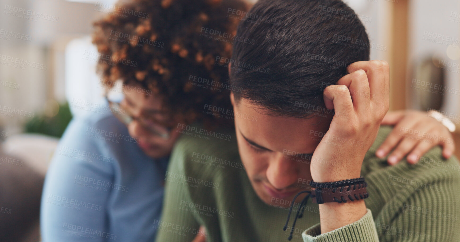 Buy stock photo Stress, depression and couple on sofa with support, comfort and empathy in crisis, pain and grief. Mental health, frustrated man and woman on couch together with hug for marriage, care and kindness.