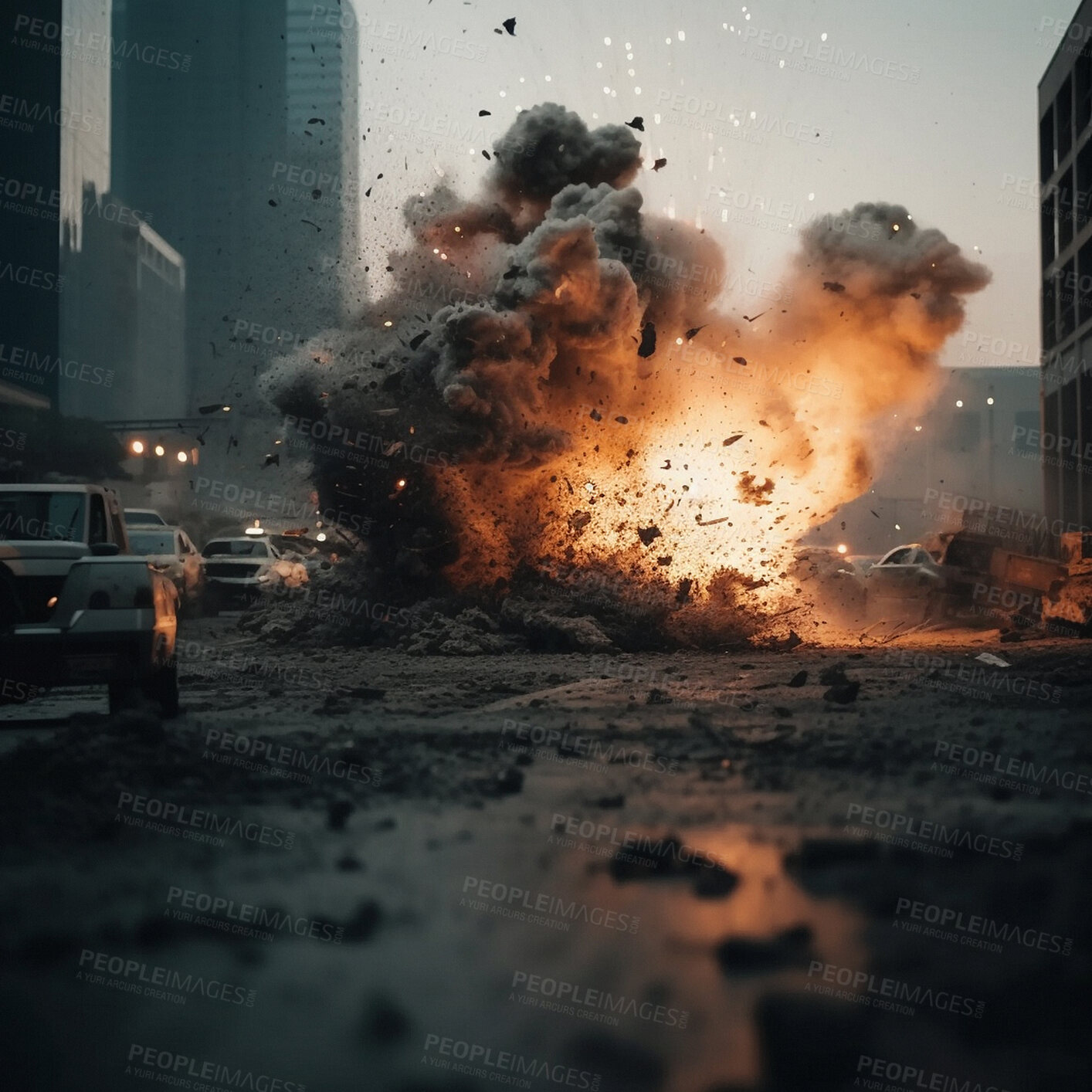 Buy stock photo Explosion, war and apocalypse with city building for military or army bomb in Ai generated dystopia