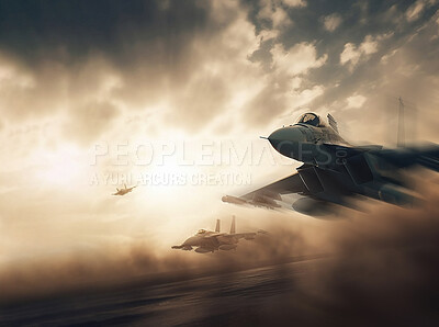 Buy stock photo War plane in sky for army and military action. Ai generated air force and fighter jet in apocalypse