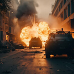 Military and army with tank in war with explosion. Ai generated bomb  on urban mission in apocalypse