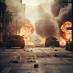 Military and army with tank in war with explosion. Ai generated bomb  on urban mission in apocalypse