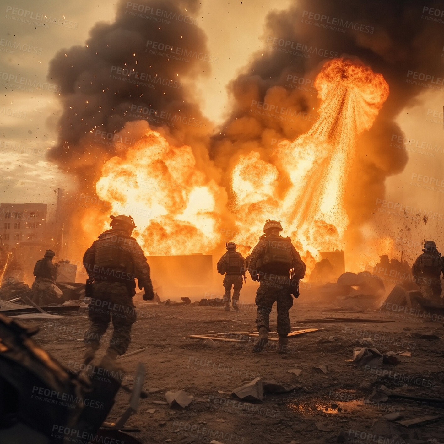 Buy stock photo Running, war and army soldier with explosion and ai generated, military bomb fire in city apocalypse