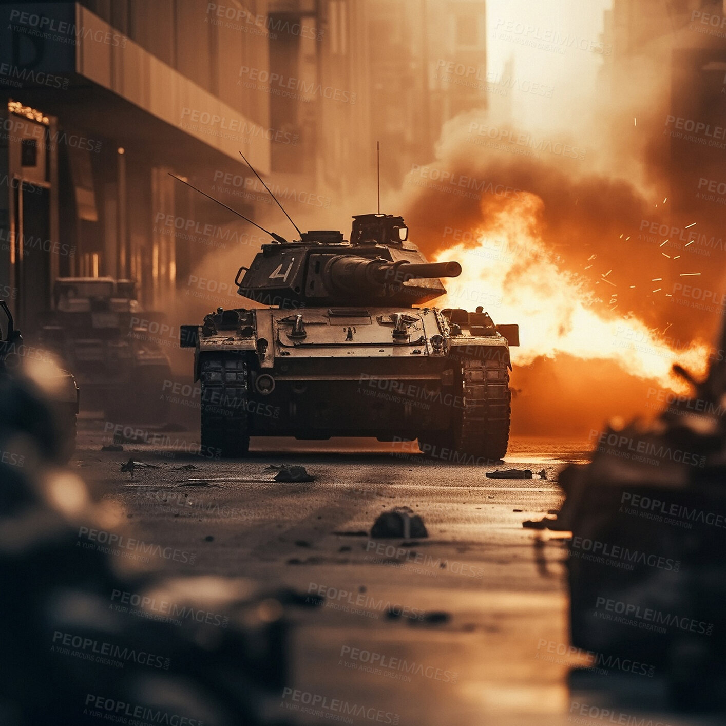 Buy stock photo Military and army with tank in war with explosion. Ai generated bomb  on urban mission in apocalypse