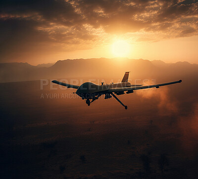 Buy stock photo War plane in sunset sky for army or military. Ai generated fighter jet in air force in apocalypse