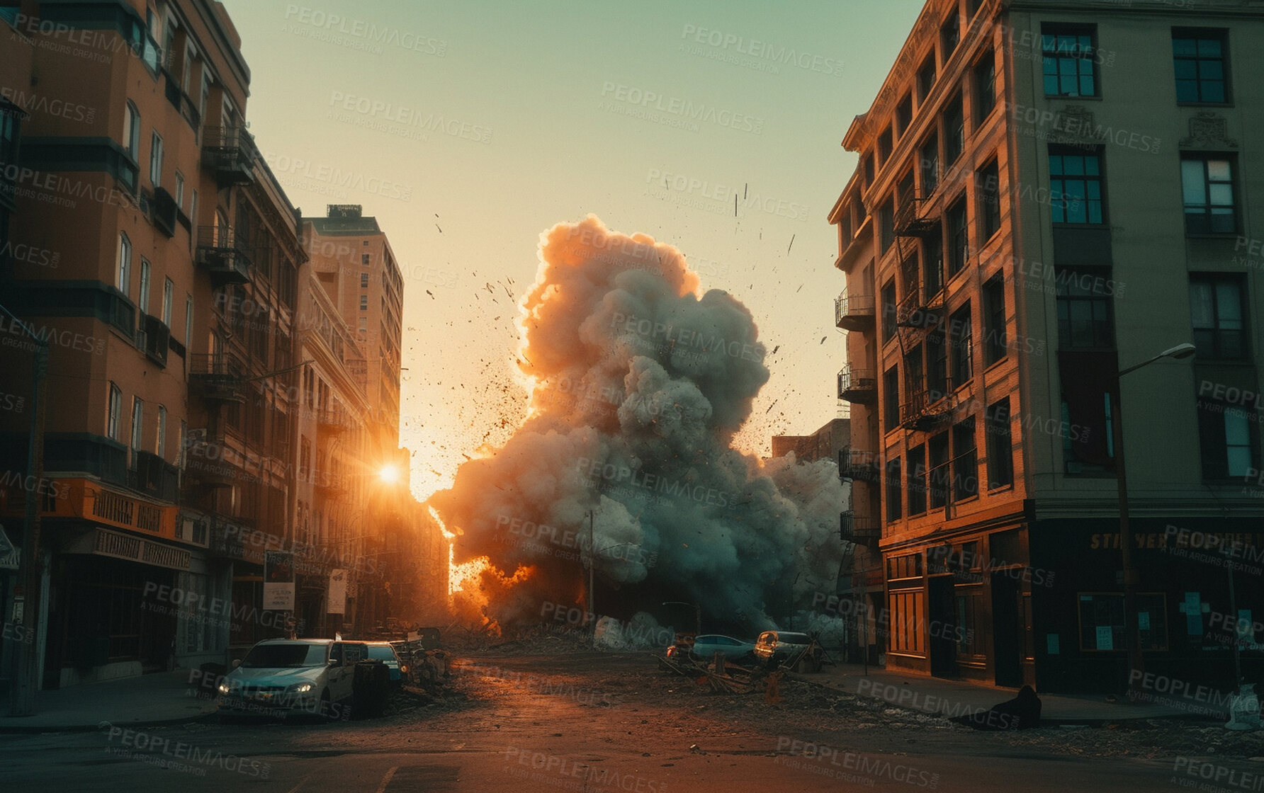 Buy stock photo Explosion, war and army by city building for military. Ai generated dystopia or apocalypse with bomb