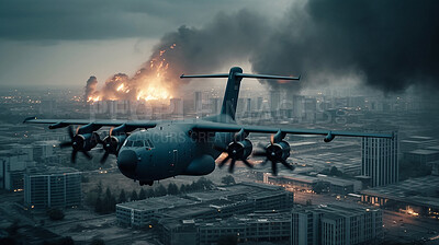 Buy stock photo War plane in city flight with army or military explosion. Ai generated bomb and fighter jet in air