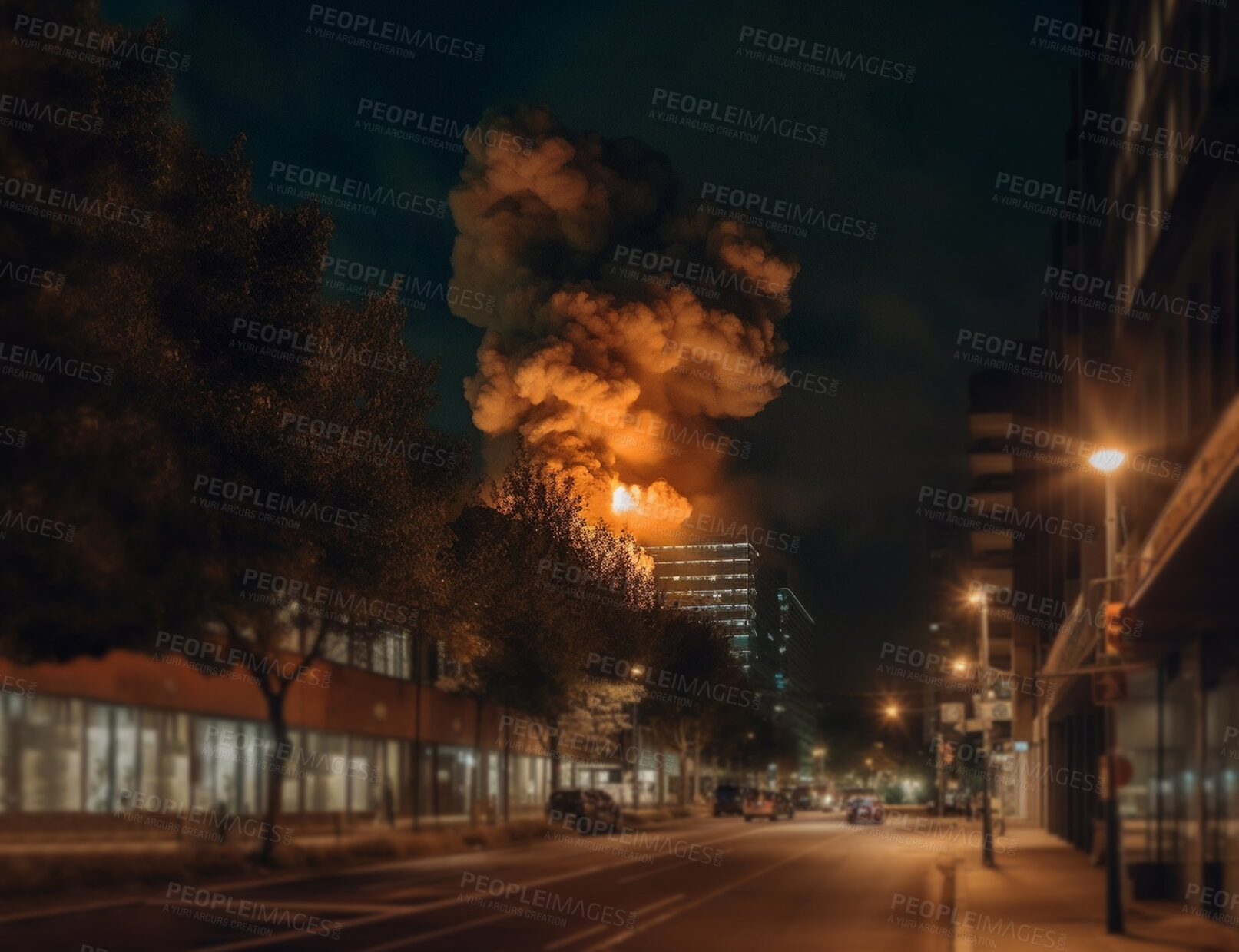 Buy stock photo Explosion, war and army by city building for military. Ai generated apocalypse with bomb at night