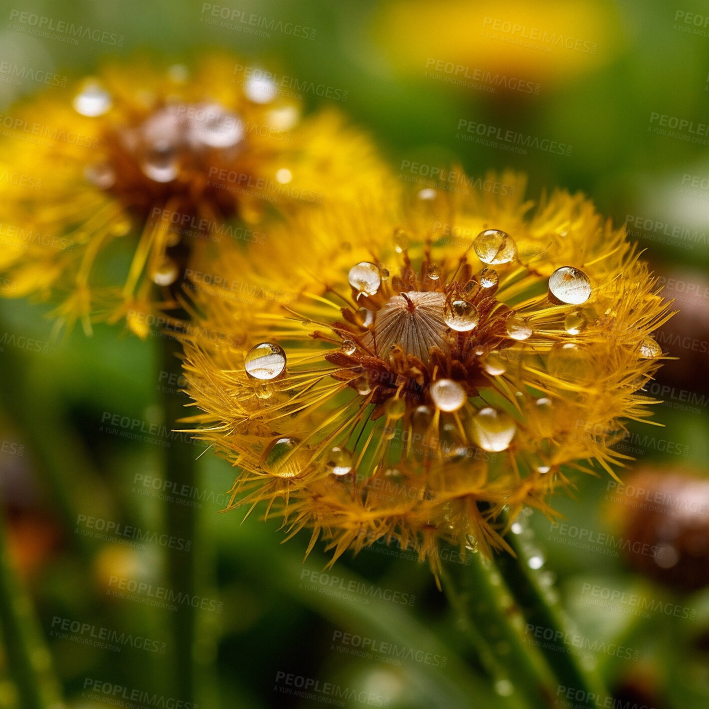 Buy stock photo Dandelion, water drops and closeup of flower in nature for spring and natural background. Ai generated, yellow garden weed and macro of plant for environment, ecosystem and ecology or sustainability