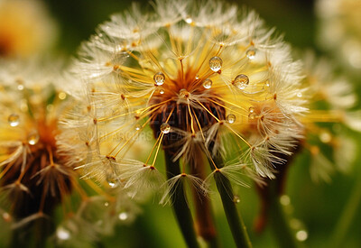 Dandelion, water drops and closeup of flower in nature for spring and natural background. Ai generated, garden weed and macro of plant for environment, ecosystem and ecology or sustainability