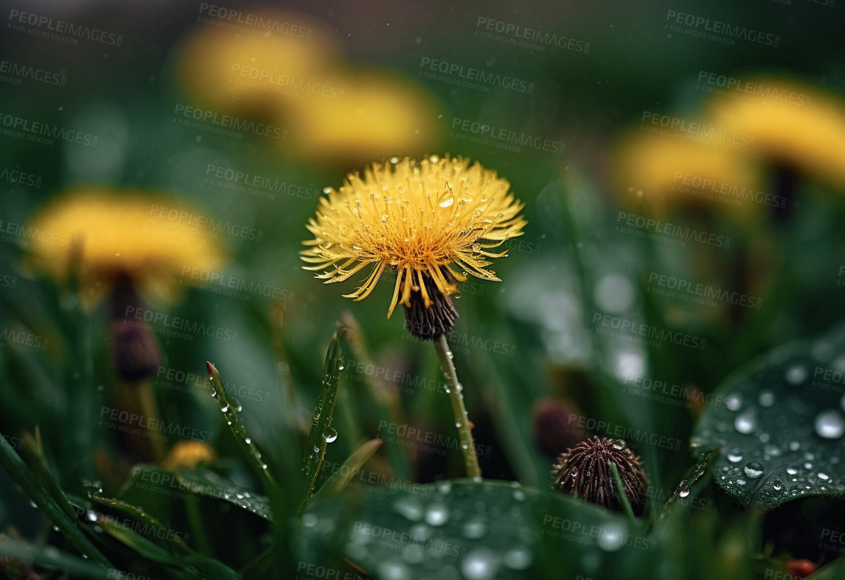 Buy stock photo Dandelion, water drops and closeup of flower in nature for spring and natural background. Ai generated, yellow garden weed and macro of plant for environment, ecosystem and ecology or sustainability