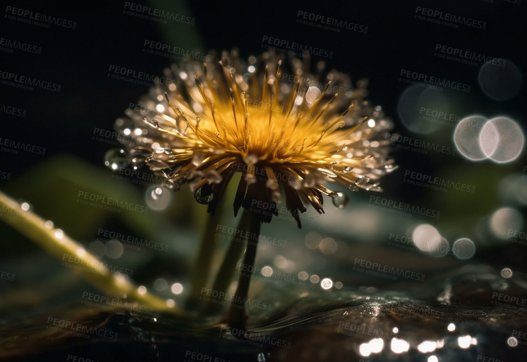 Buy stock photo Dandelion, water drops and closeup of flower in nature for spring and natural background. Ai generated, garden weed and plant macro for environment, ecosystem and ecology or sustainability in a lake