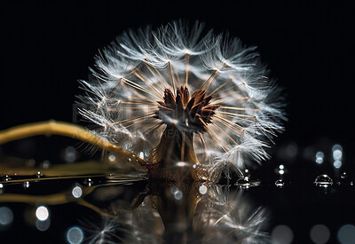 Dandelion, water drops and closeup of flower in nature for spring and natural background. Ai generated, garden weed and plant macro for environment, ecosystem and ecology or sustainability in a lake