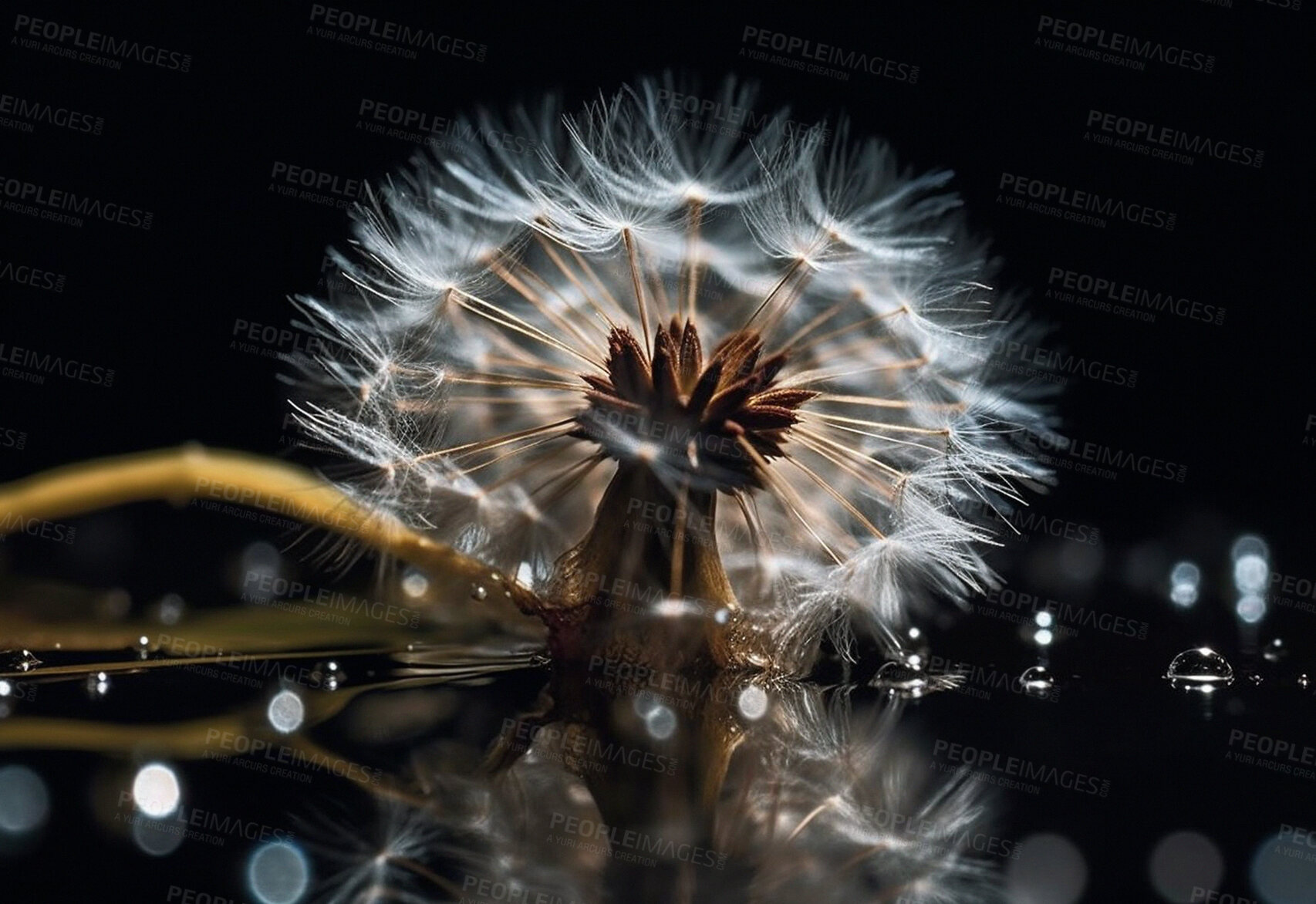 Buy stock photo Dandelion, water drops and closeup of flower in nature for spring and natural background. Ai generated, garden weed and plant macro for environment, ecosystem and ecology or sustainability in a lake