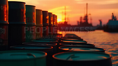 Oil, container and import storage at sunset for export, fossil fuel and ai generated shipyard drums