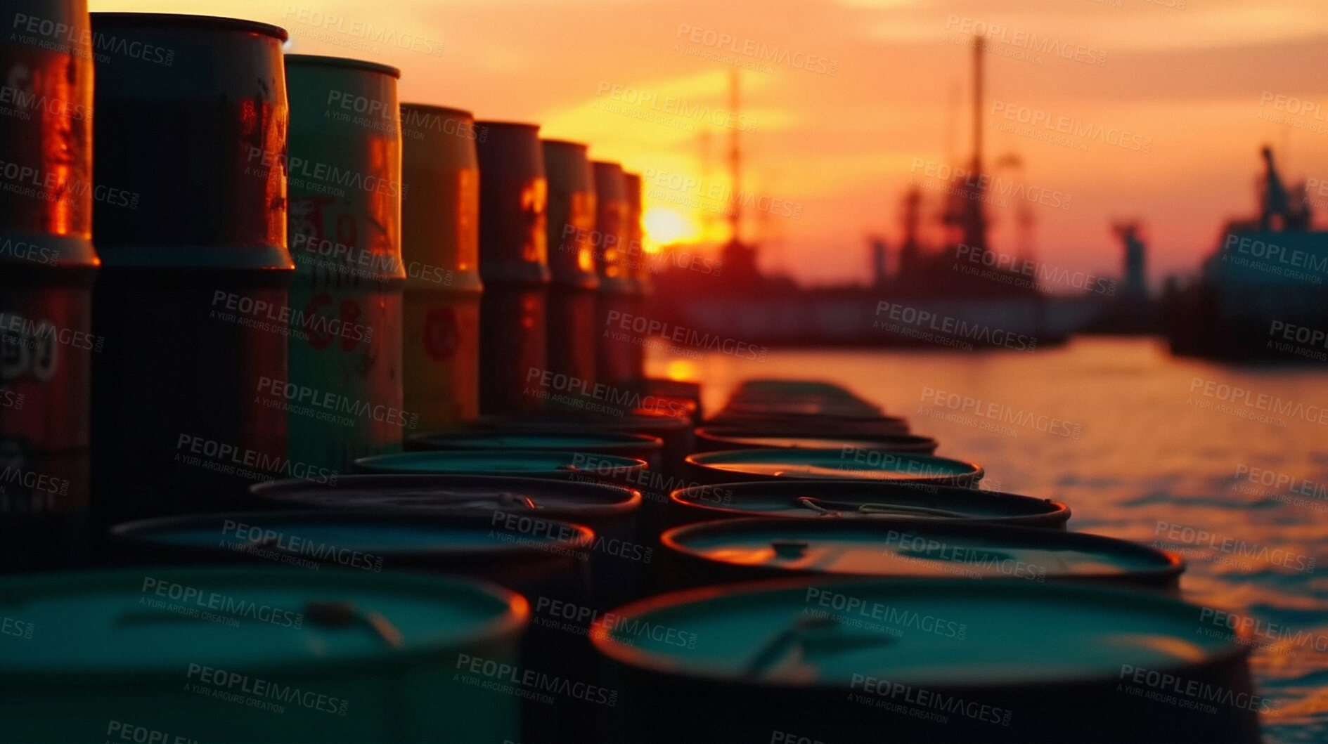 Buy stock photo Oil, container and import storage at sunset for export, fossil fuel and ai generated shipyard drums