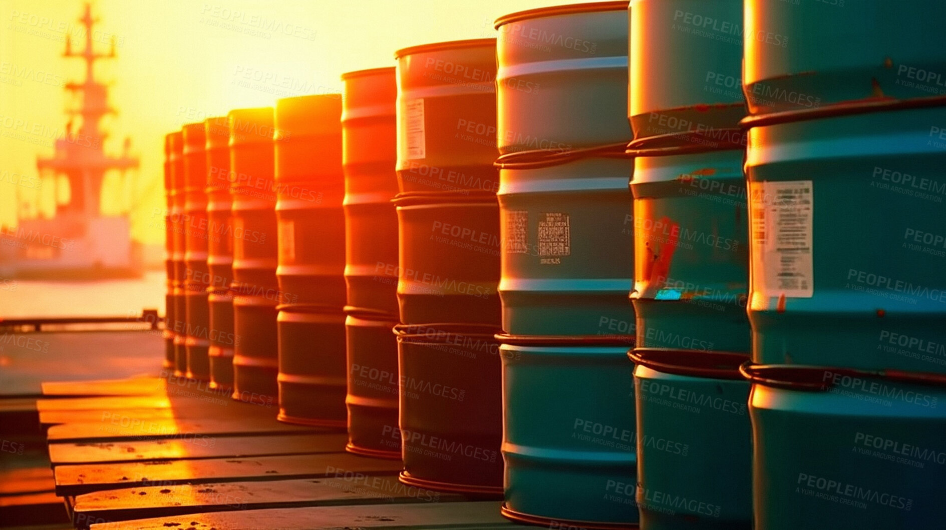 Buy stock photo Oil, container and export storage at sunset for import, fossil fuel and ai generated shipyard drums