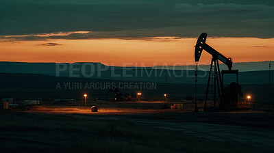 Oil rig, refinery and mining equipment at sunset for import, export and ai generated production