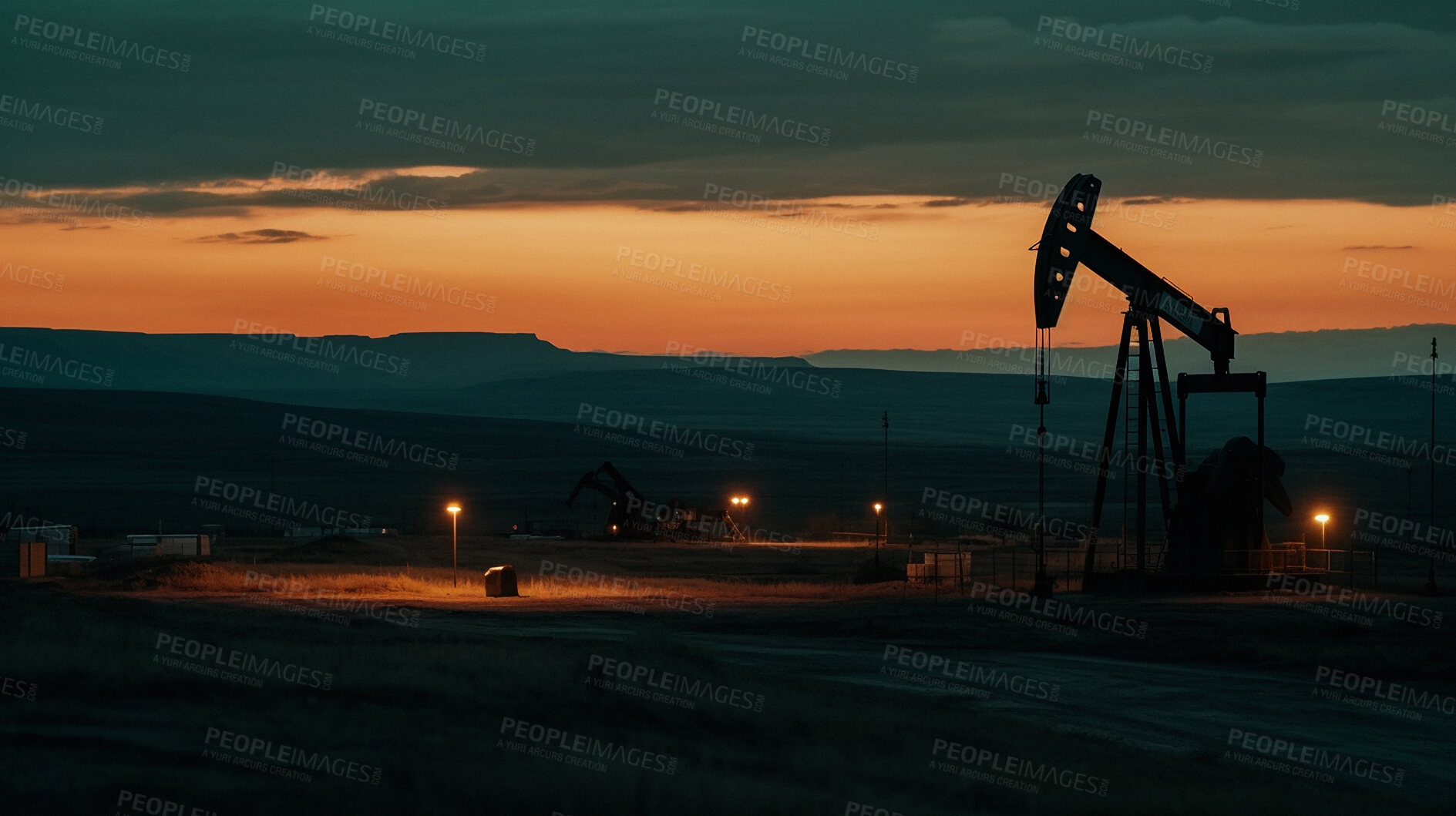 Buy stock photo Oil rig, refinery and mining equipment at sunset for import, export and ai generated production